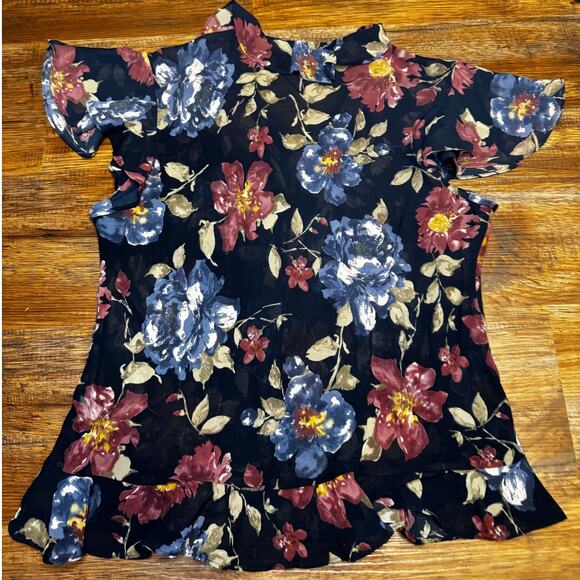 CHAPS floral button up blouse PETITE LARGE semi sheer peplum v neck cap sleeve - Picture 2 of 10